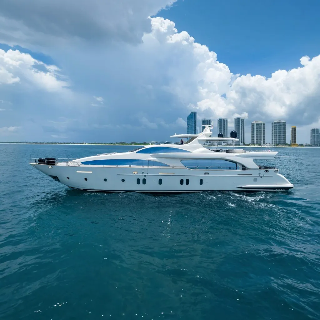 2012 Azimut 116 listing photograph showing a white motor yacht underway off the Miami skyline