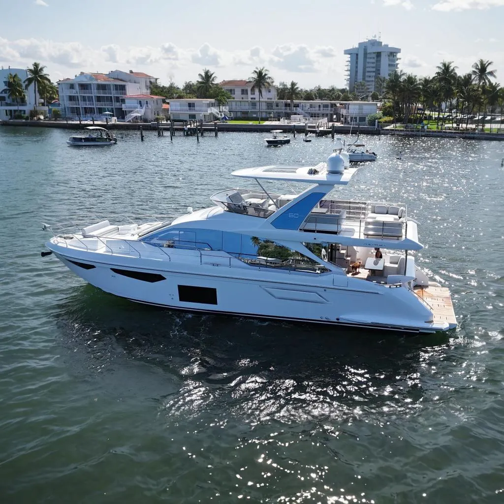 2021 Azimut Fly 60 listing photograph showing a white motor yacht on the water in Lighthouse Point